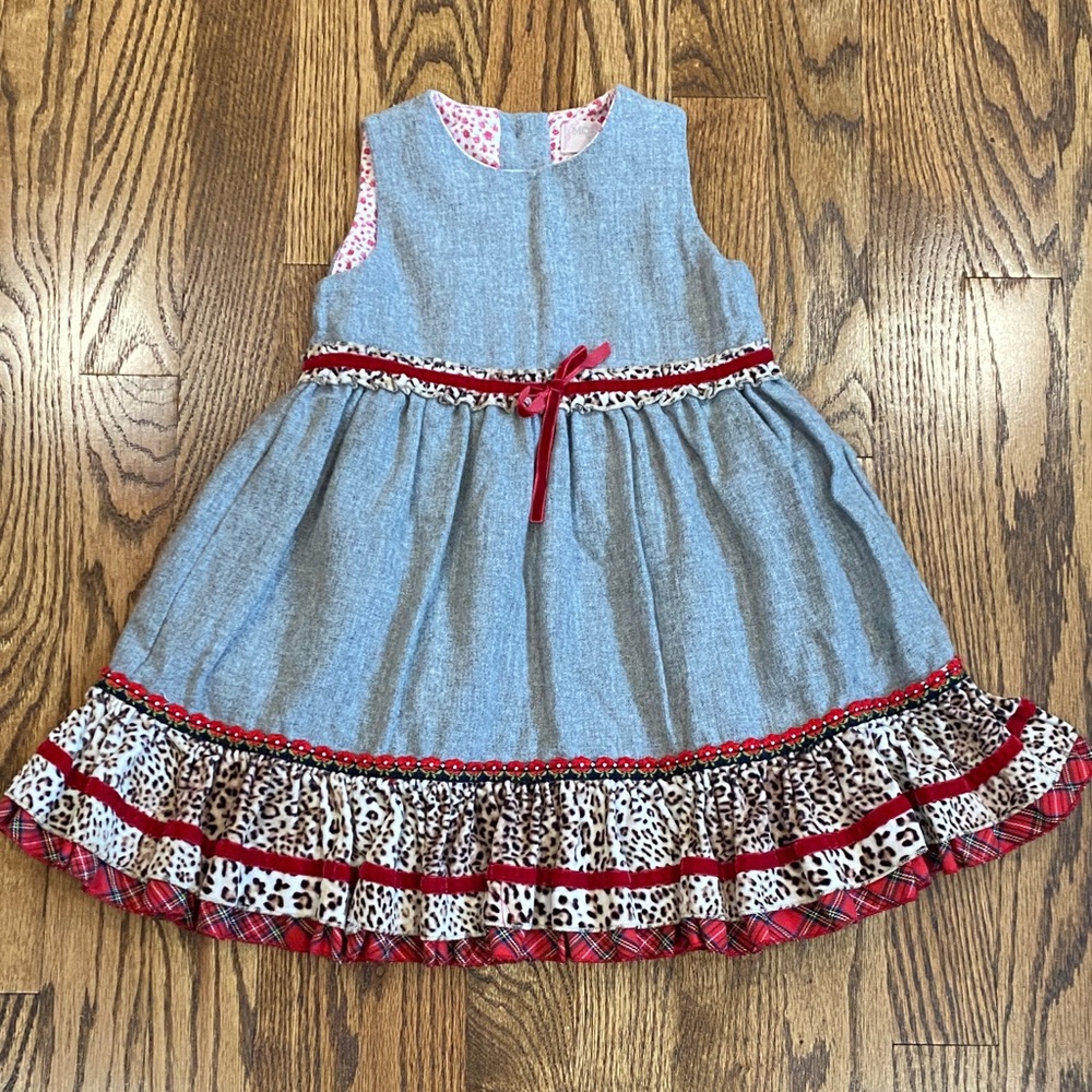 Grey wool with plaid/leopard detail Monnalisa Bebe dress, size 24 months. - Picture 1 of 11